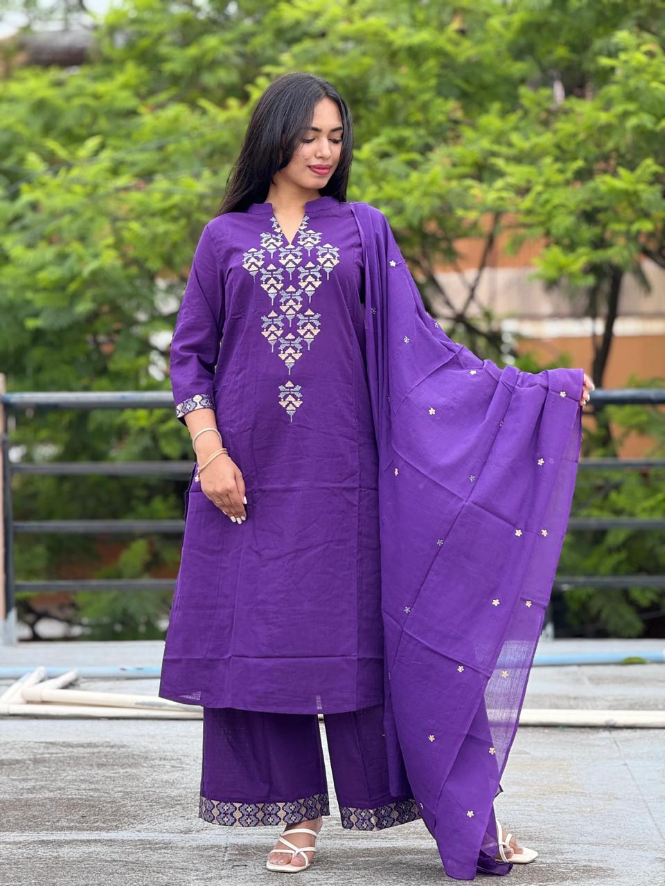 Cotton Aline Kurta Set with Embroidery & Dupatta