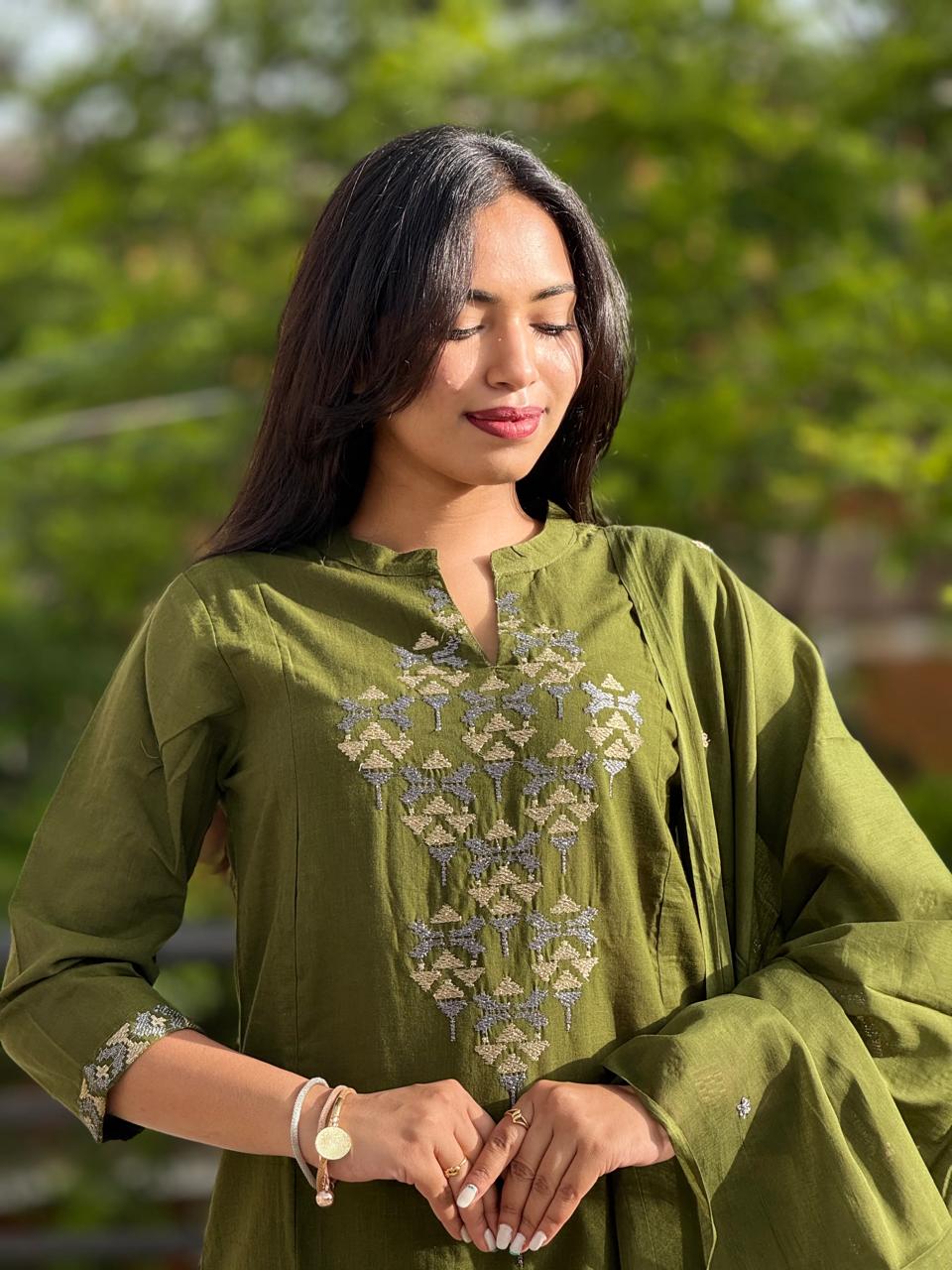 Cotton Aline Kurta Set with Embroidery & Dupatta