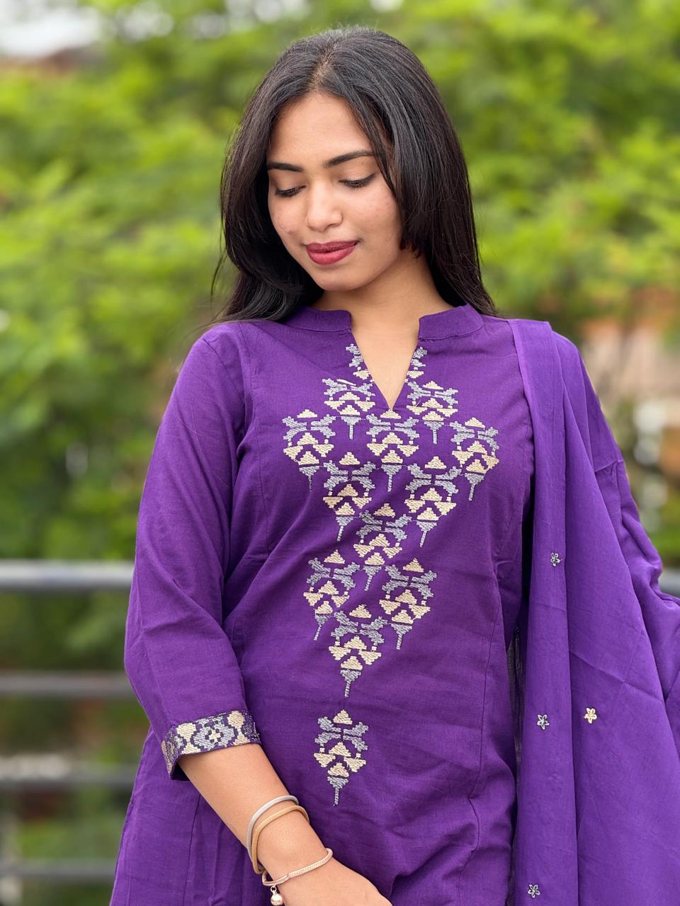 Cotton Aline Kurta Set with Embroidery & Dupatta