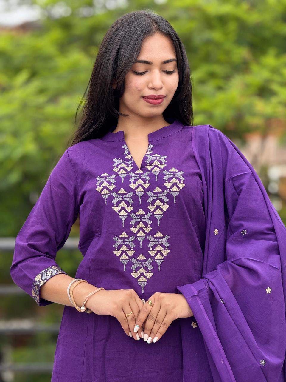 Cotton Aline Kurta Set with Embroidery & Dupatta