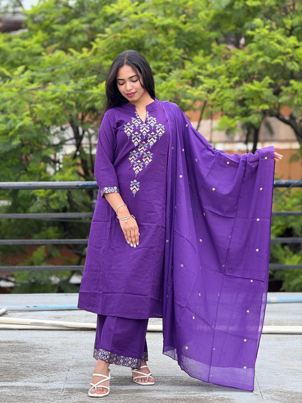 Cotton Aline Kurta Set with Embroidery & Dupatta