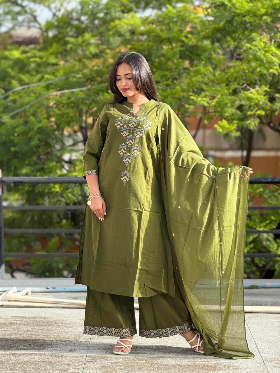 Cotton Aline Kurta Set with Embroidery & Dupatta