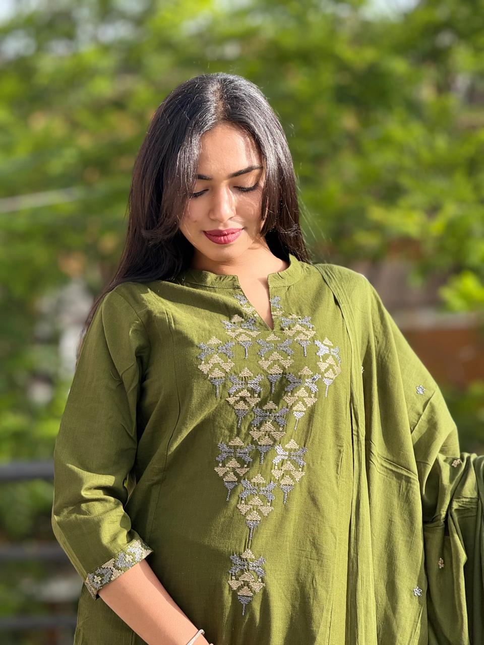 Cotton Aline Kurta Set with Embroidery & Dupatta