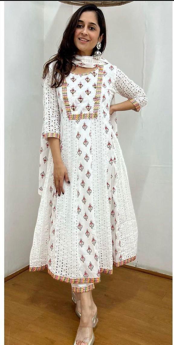 Cotton Anarkali Chikankari Kurti Set with Dupatta