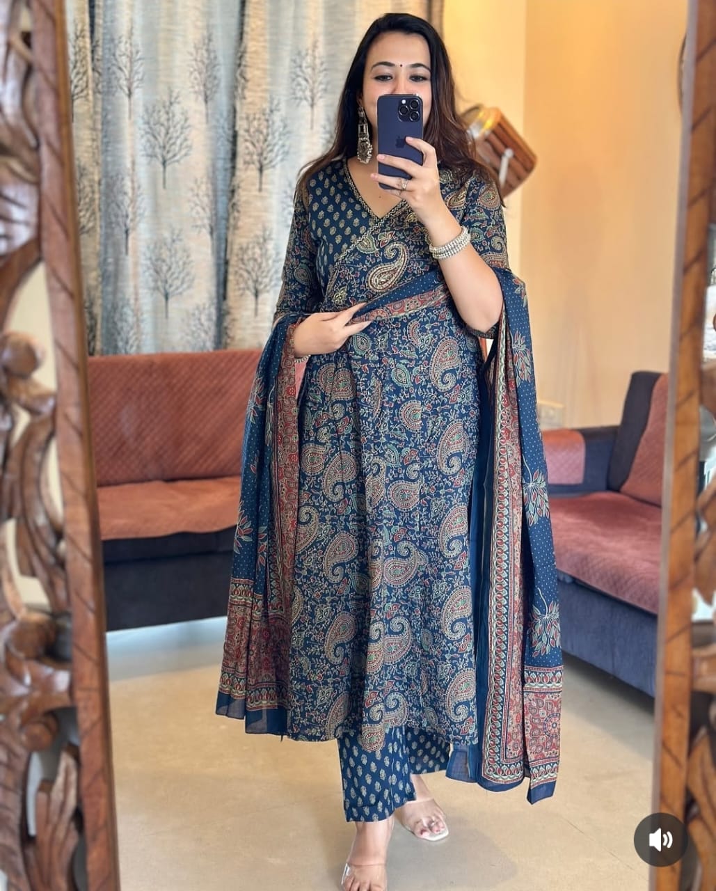 Cotton Anarkali Kurta Set with Angrakha Style & Tassel Detail - Includes Pant & Dupatta