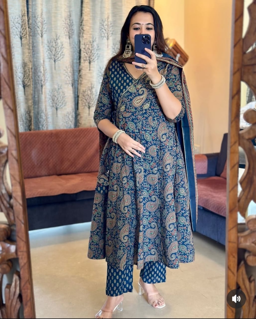 Cotton Anarkali Kurta Set with Angrakha Style & Tassel Detail - Includes Pant & Dupatta