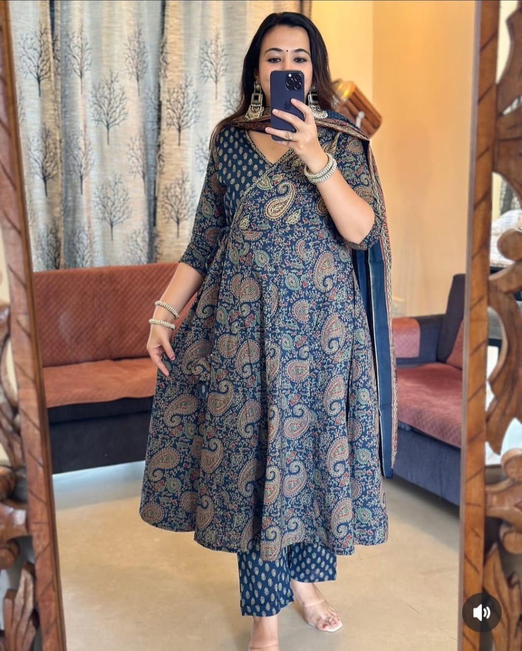 Cotton Anarkali Kurta Set with Angrakha Style & Tassel Detail - Includes Pant & Dupatta
