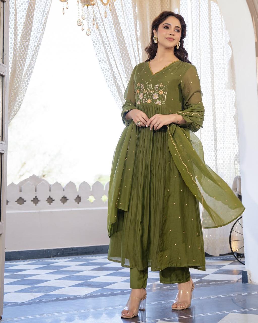 Cotton Anarkali Kurta Set with Pant & Cutwork Dupatta