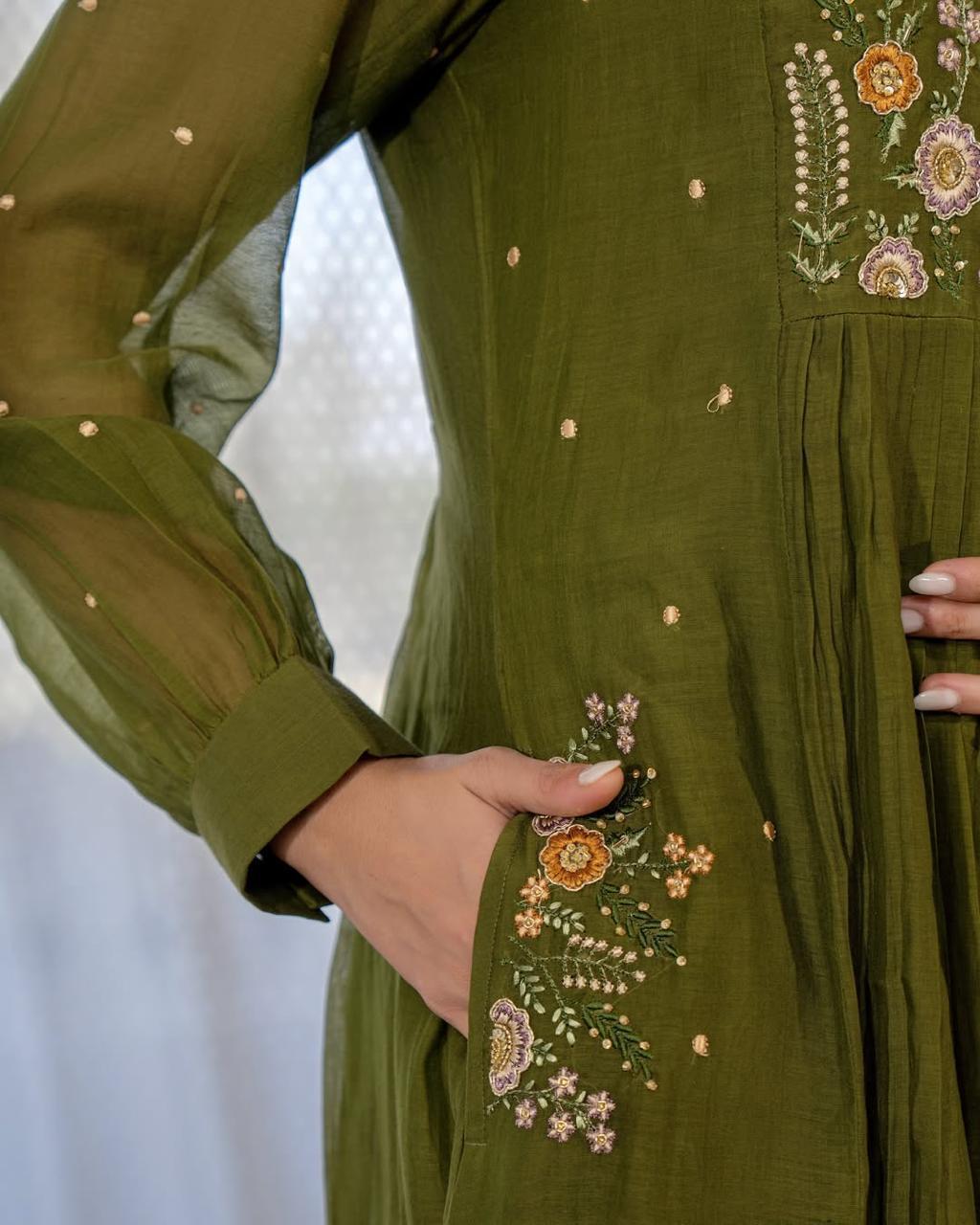 Cotton Anarkali Kurta Set with Pant & Cutwork Dupatta