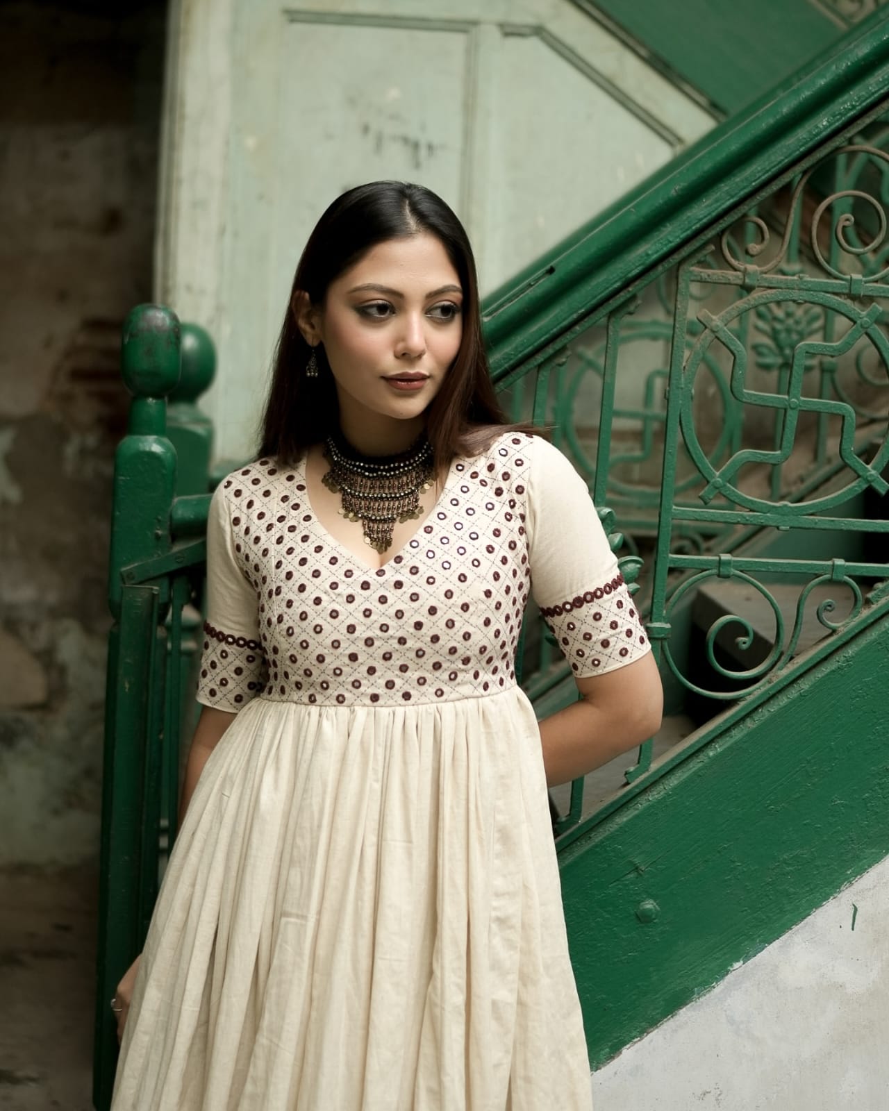 Cotton Anarkali Kurti Set with Mirror Embroidery & Dori Latkan
