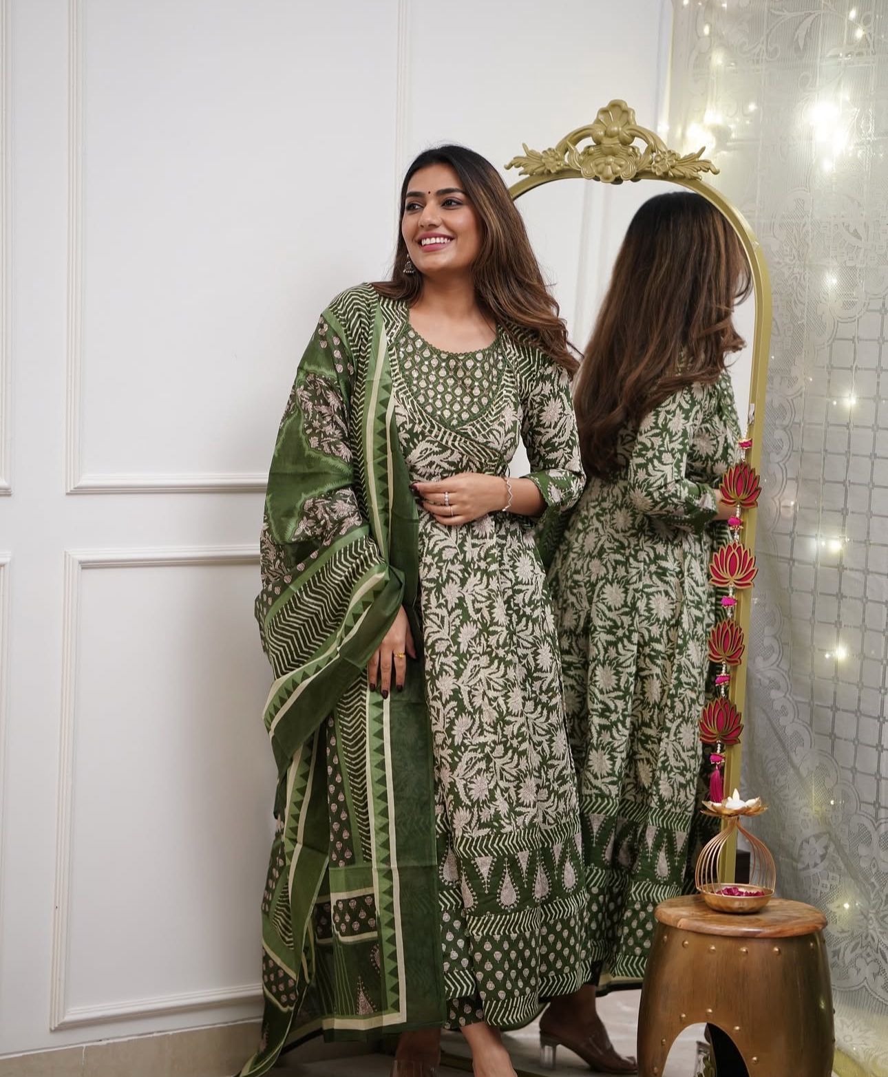 Cotton Angrakha Anarkali Kurti Set with Tagai & Kardhana Work, Printed Malmal Dupatta – 3 Piece Suit Set