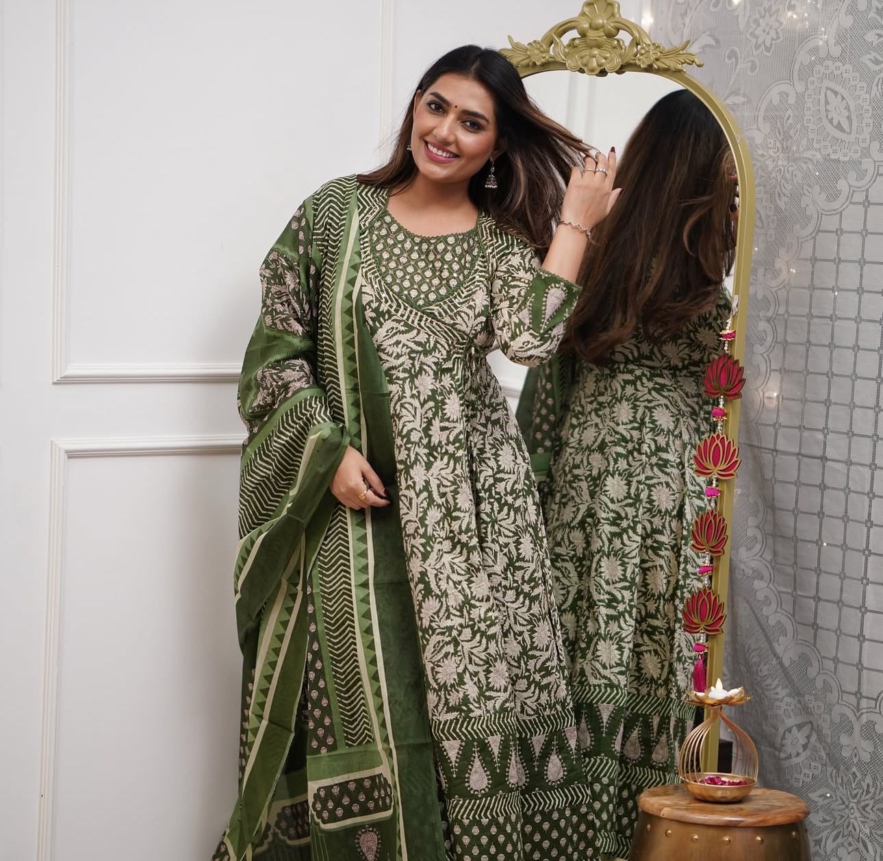 Cotton Angrakha Anarkali Kurti Set with Tagai & Kardhana Work, Printed Malmal Dupatta – 3 Piece Suit Set