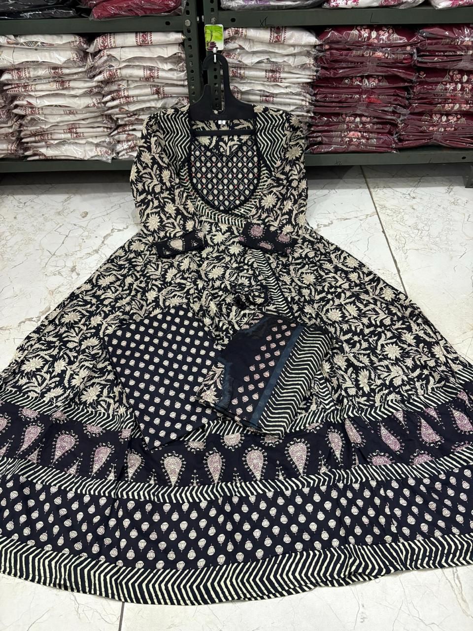 Cotton Angrakha Anarkali Kurti Set with Tagai & Kardhana Work, Printed Malmal Dupatta – 3 Piece Suit Set