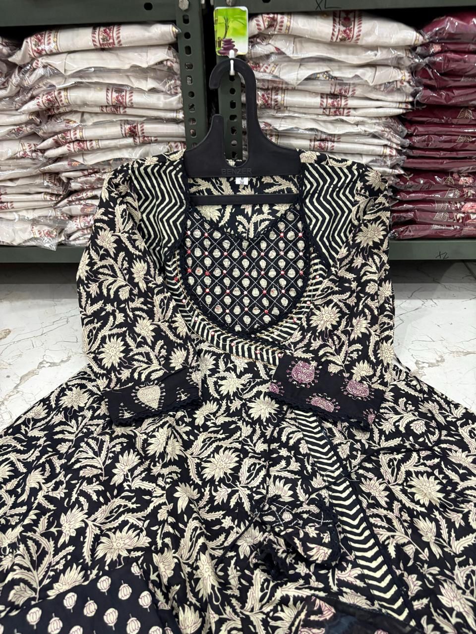 Cotton Angrakha Anarkali Kurti Set with Tagai & Kardhana Work, Printed Malmal Dupatta – 3 Piece Suit Set