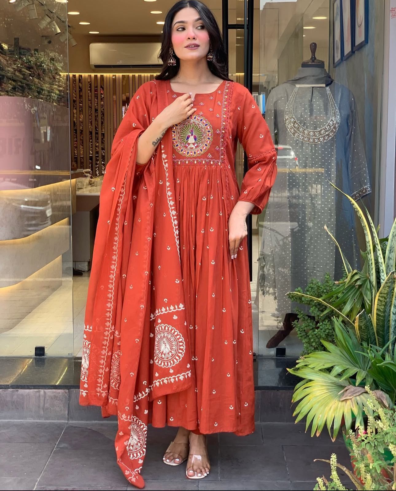 Cotton Bandhej Print Embroidered Anarkali Suit Set with Printed Malmal Dupatta – 3-Piece Set