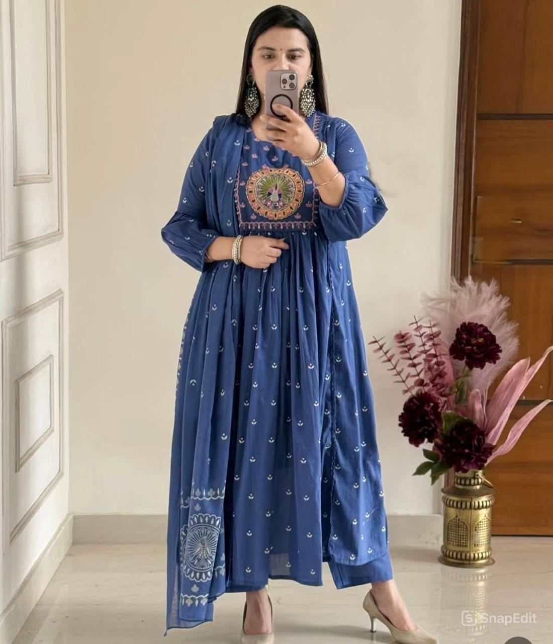 Cotton Bandhej Print Embroidered Anarkali Suit Set with Printed Malmal Dupatta – 3-Piece Set