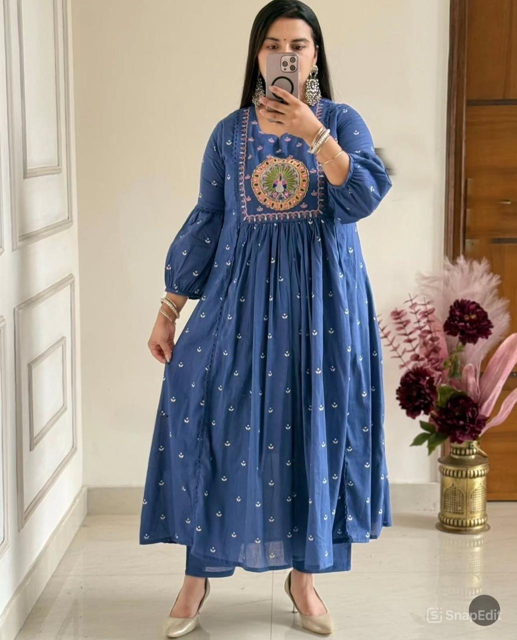 Cotton Bandhej Print Embroidered Anarkali Suit Set with Printed Malmal Dupatta – 3-Piece Set
