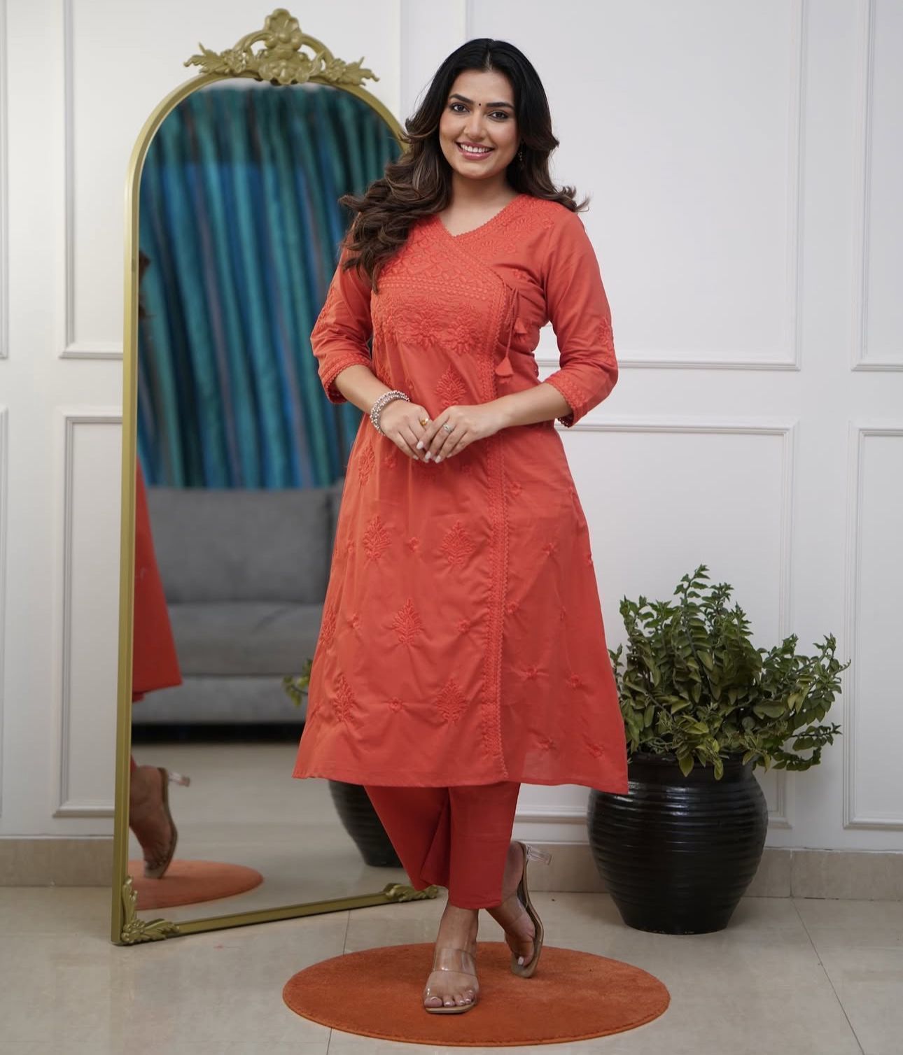 Cotton Chikankari Angrakha Kurti Pant Set | 60.60 Cotton