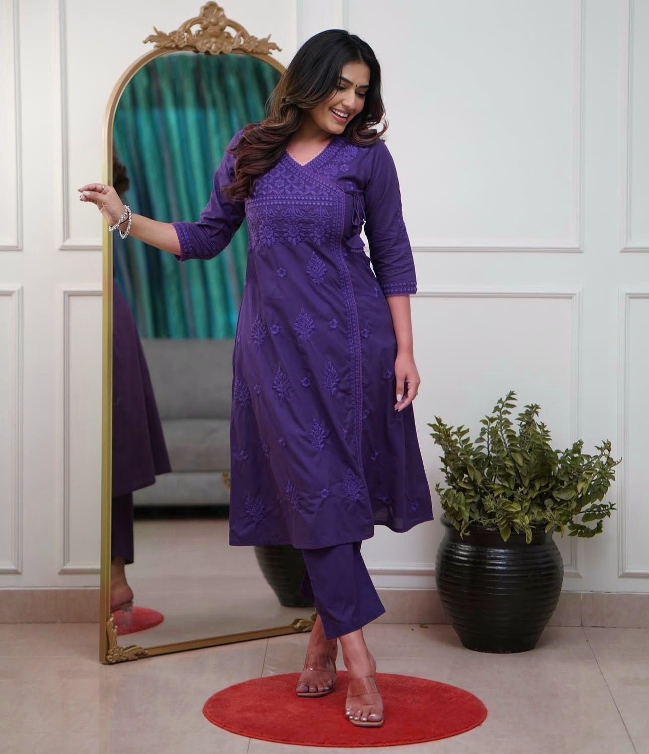 Cotton Chikankari Angrakha Kurti Pant Set | 60.60 Cotton