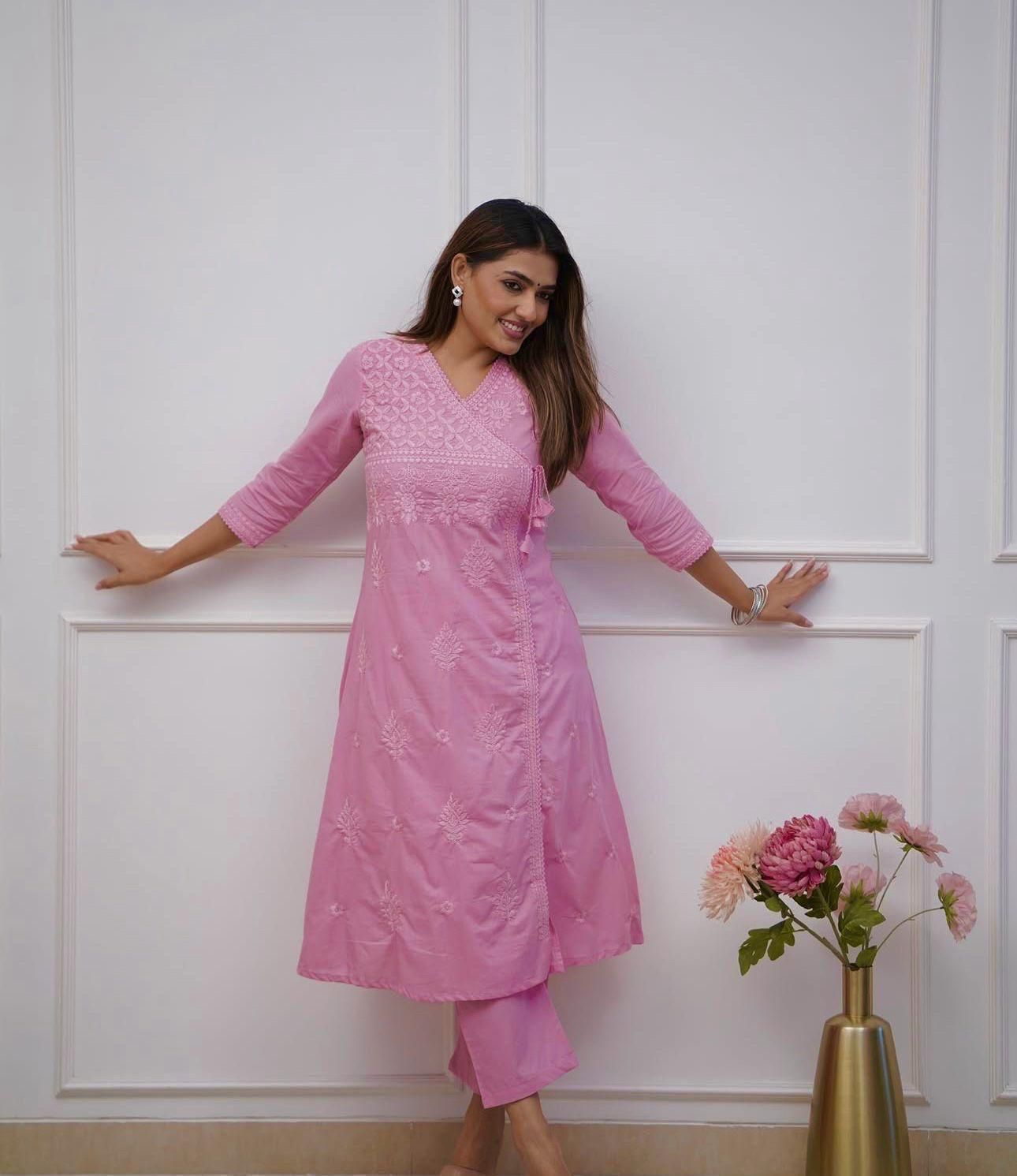 Cotton Chikankari Angrakha Kurti Pant Set | 60.60 Cotton
