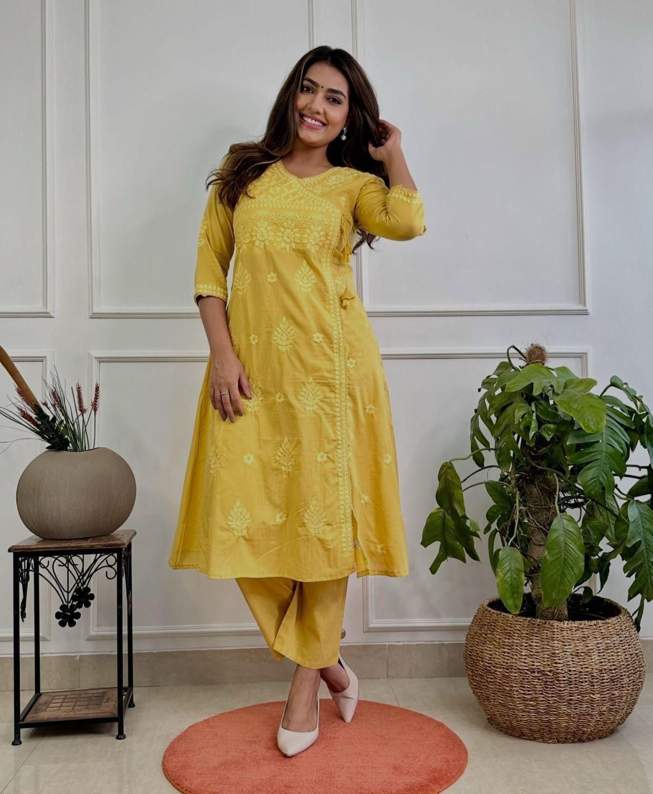Cotton Chikankari Angrakha Kurti Pant Set | 60.60 Cotton