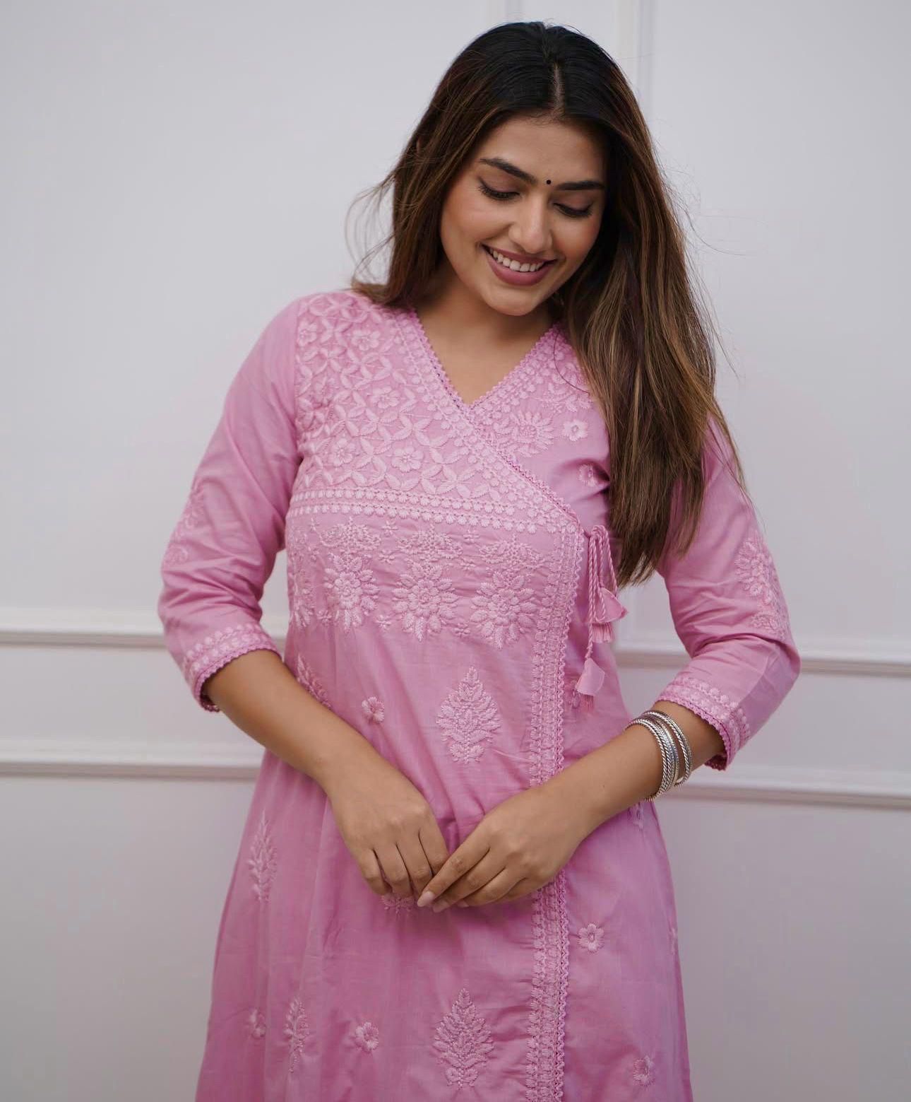 Cotton Chikankari Angrakha Kurti Pant Set | 60.60 Cotton