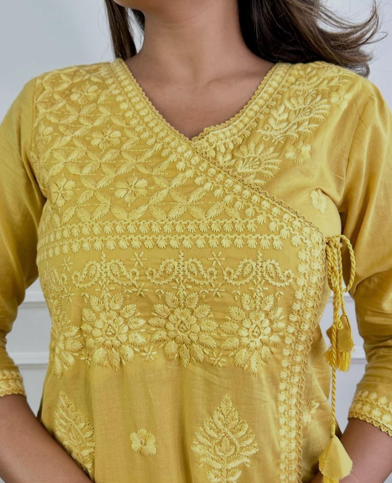 Cotton Chikankari Angrakha Kurti Pant Set | 60.60 Cotton