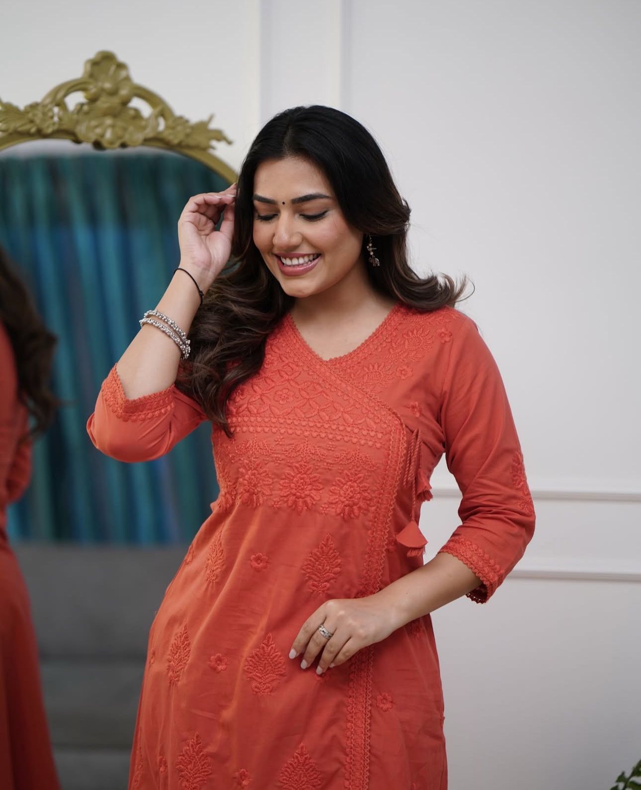Cotton Chikankari Angrakha Kurti Pant Set | 60.60 Cotton