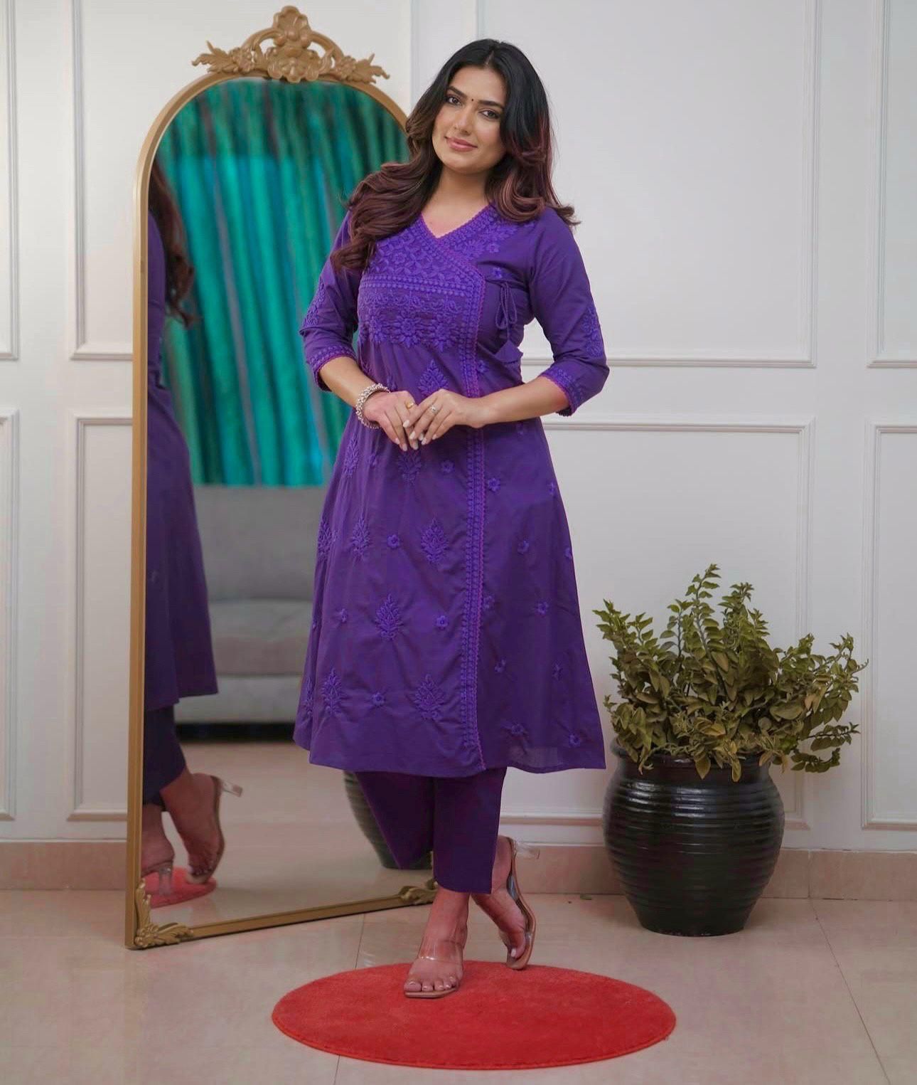 Cotton Chikankari Angrakha Kurti Pant Set | 60.60 Cotton