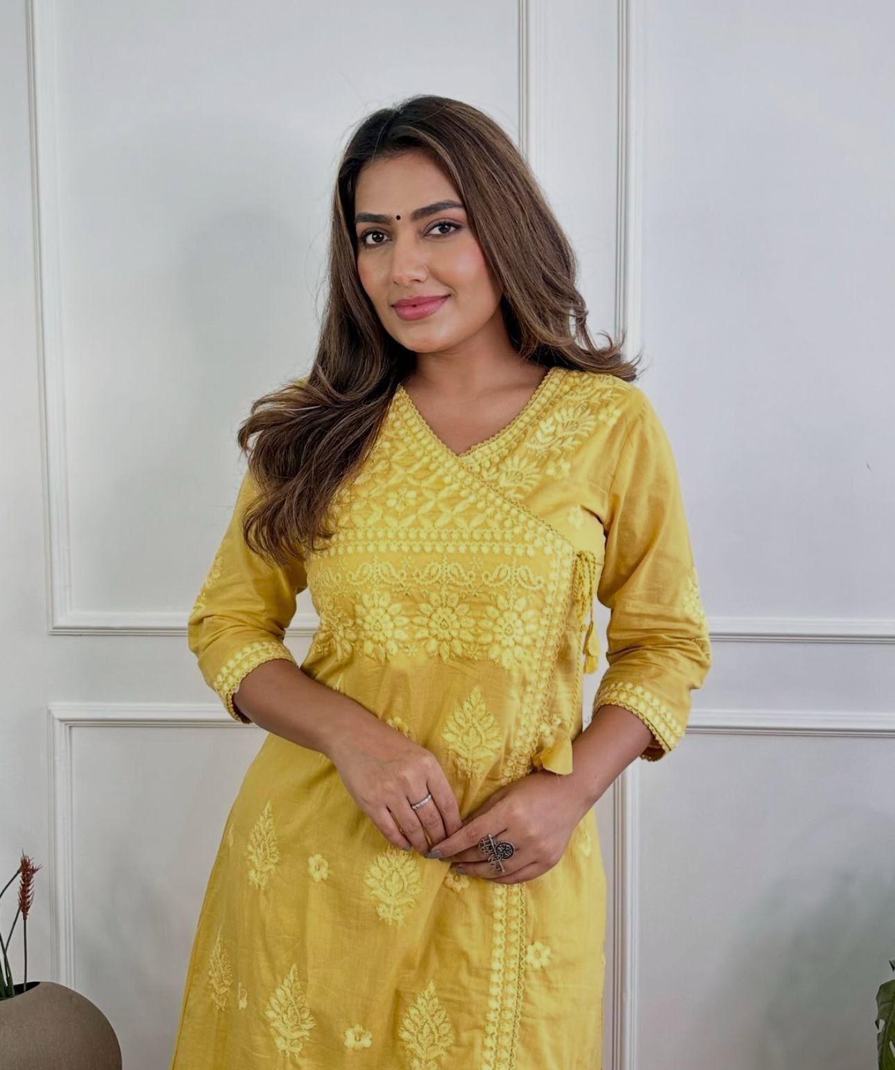 Cotton Chikankari Angrakha Kurti Pant Set | 60.60 Cotton