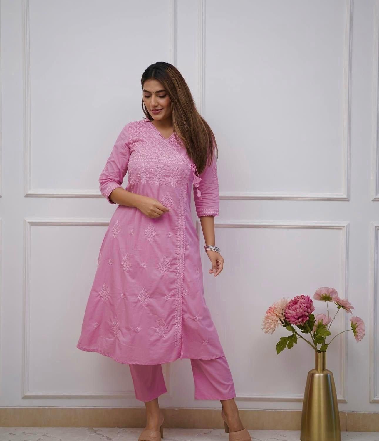 Cotton Chikankari Angrakha Kurti Pant Set | 60.60 Cotton
