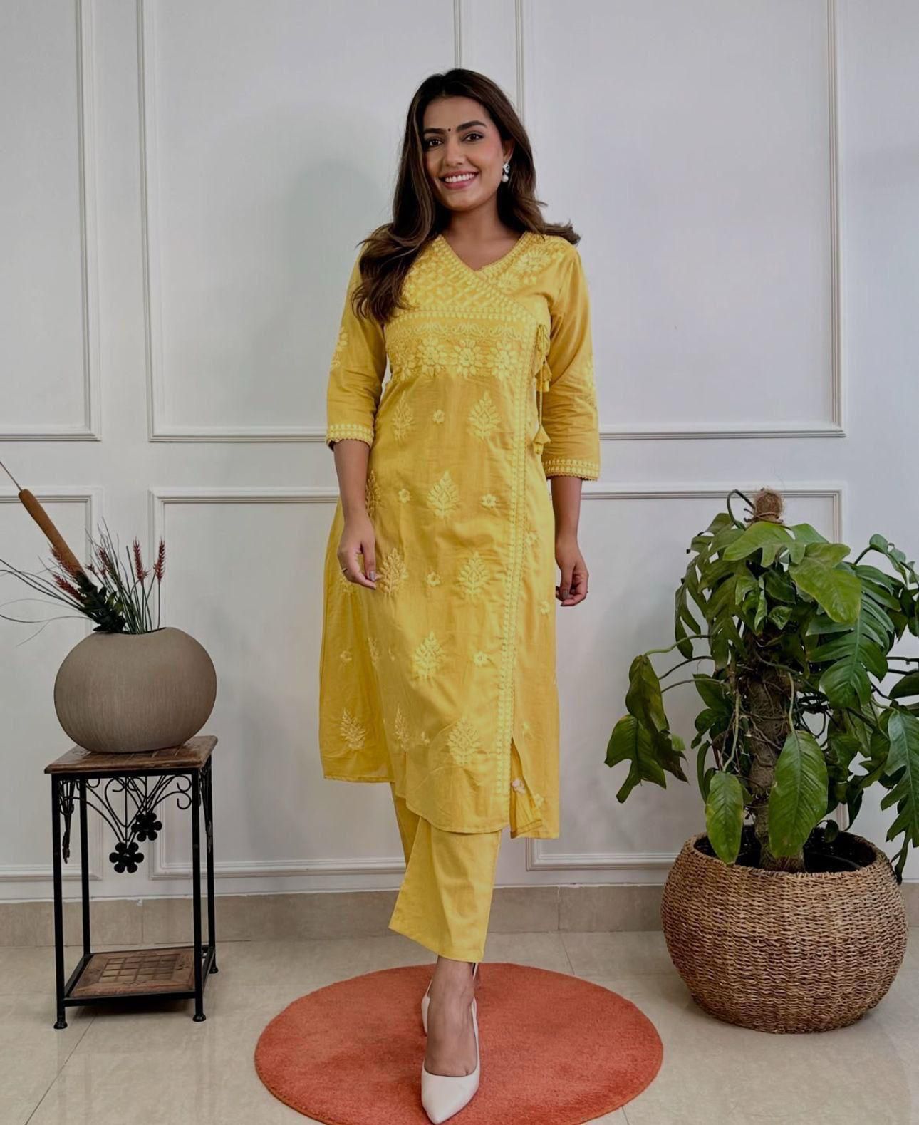 Cotton Chikankari Angrakha Kurti Pant Set | 60.60 Cotton