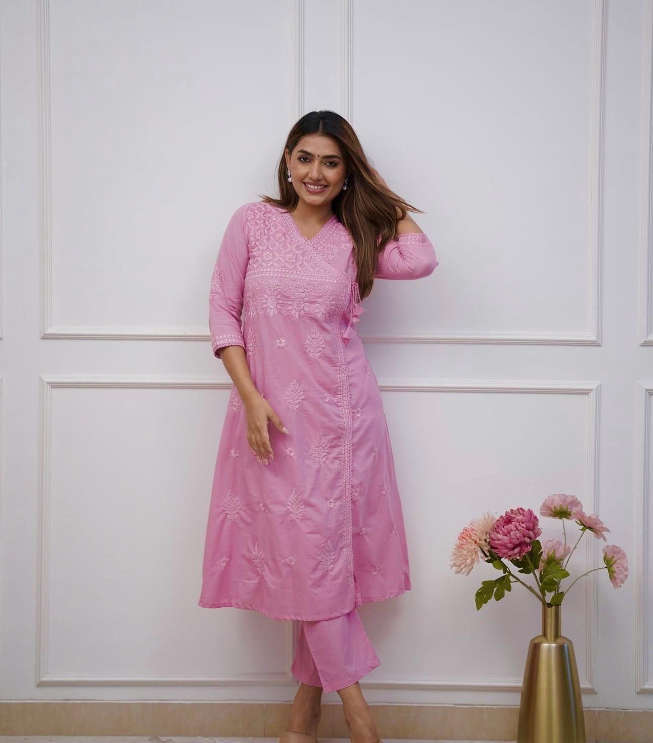 Cotton Chikankari Angrakha Kurti Pant Set | 60.60 Cotton