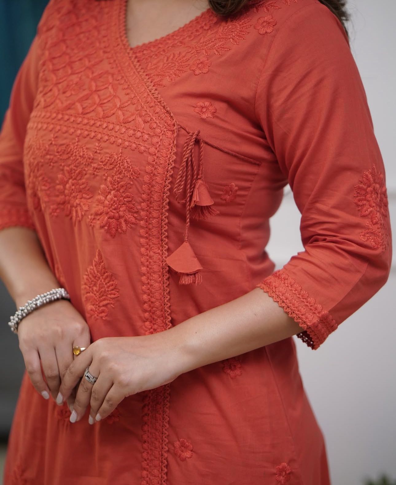 Cotton Chikankari Angrakha Kurti Pant Set | 60.60 Cotton
