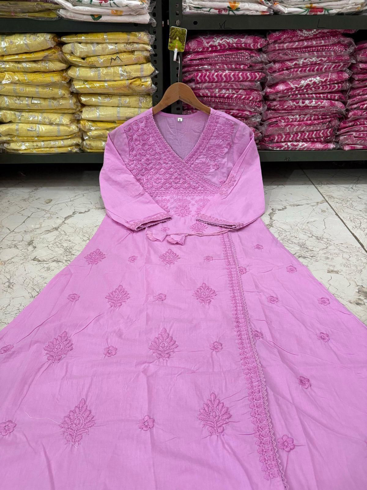 Cotton Chikankari Angrakha Kurti Pant Set | 60.60 Cotton
