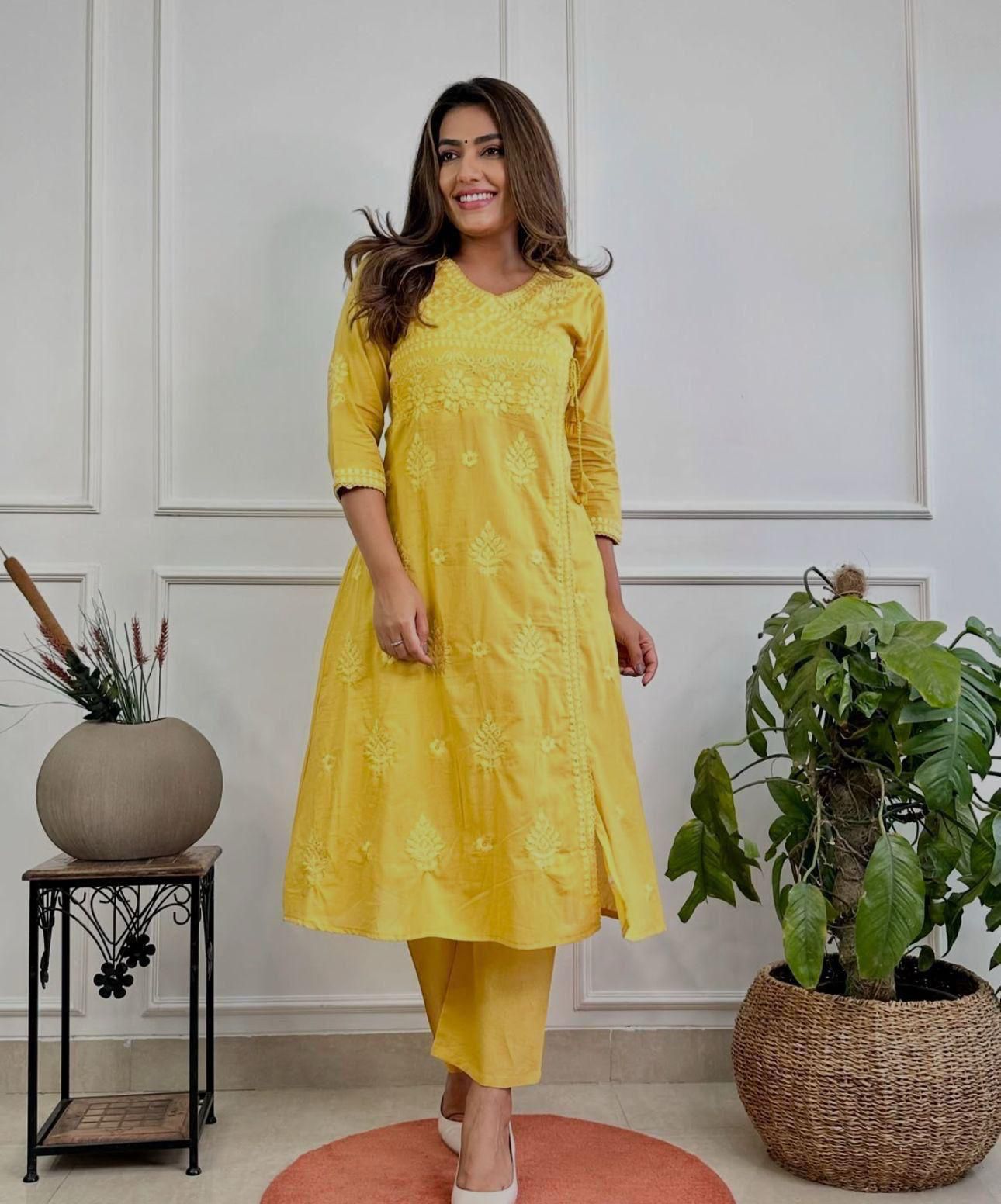 Cotton Chikankari Angrakha Kurti Pant Set | 60.60 Cotton