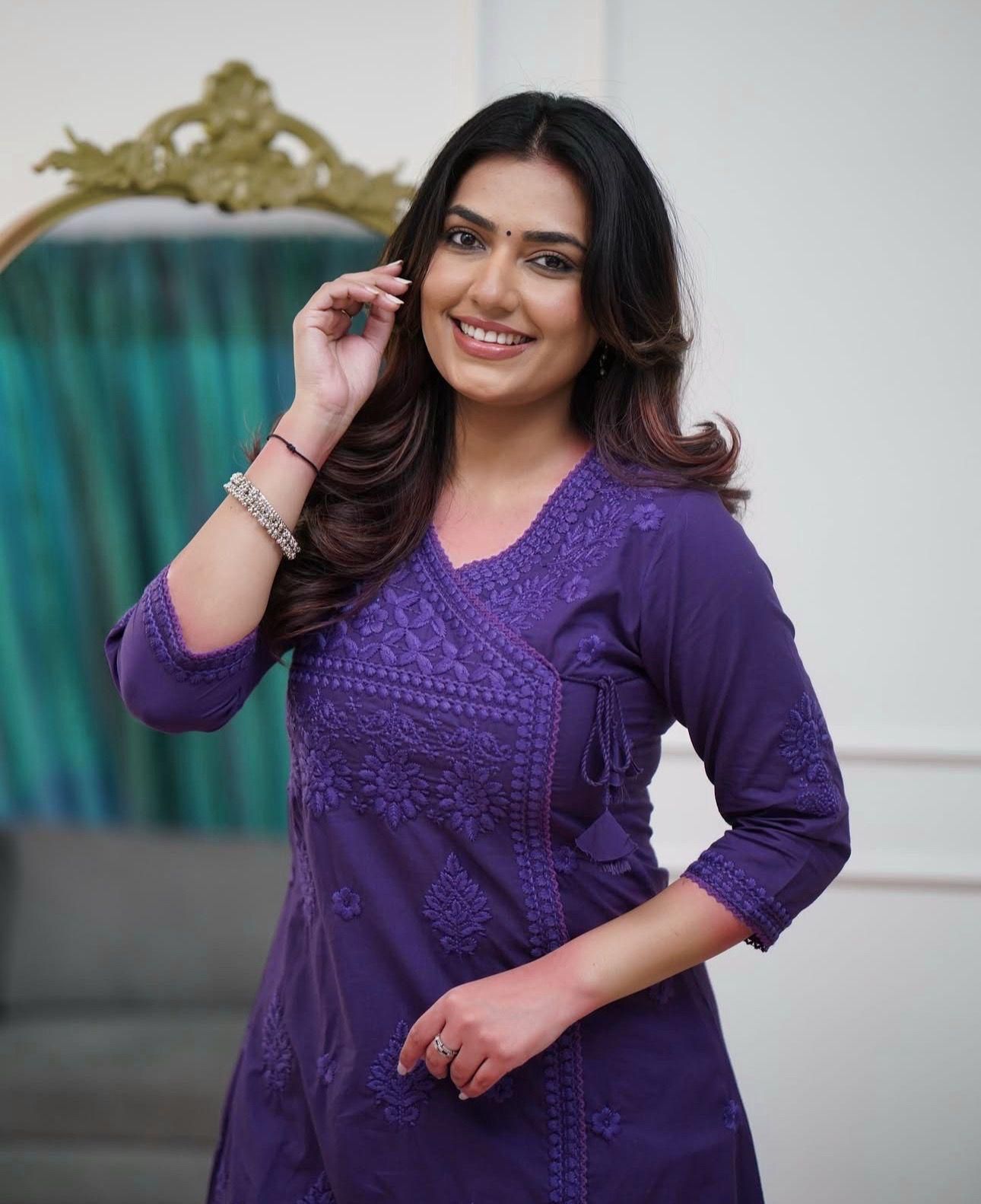 Cotton Chikankari Angrakha Kurti Pant Set | 60.60 Cotton