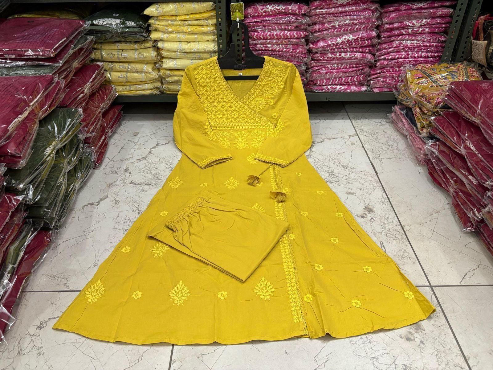 Cotton Chikankari Angrakha Kurti Pant Set | 60.60 Cotton
