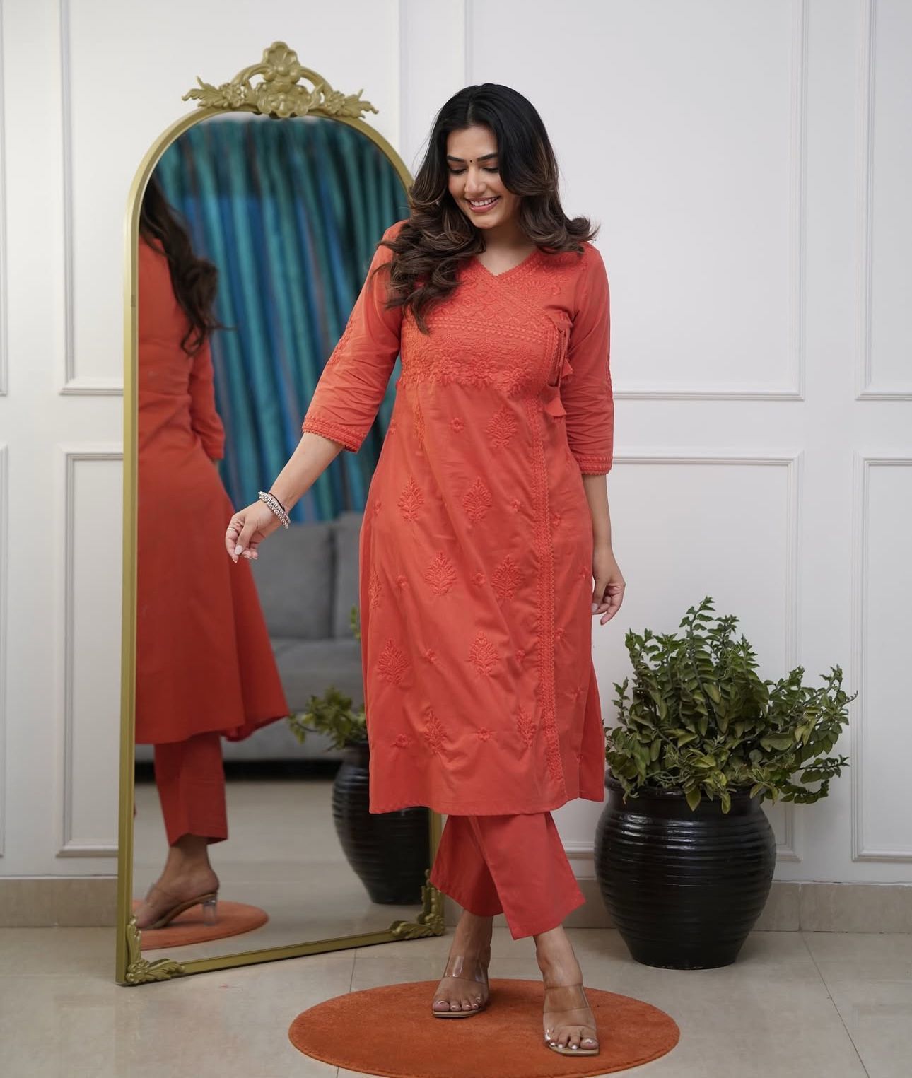 Cotton Chikankari Angrakha Kurti Pant Set | 60.60 Cotton