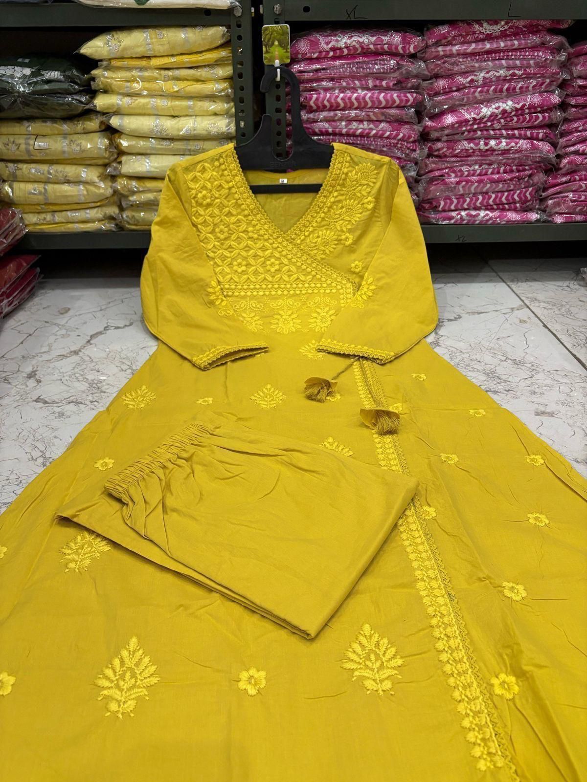 Cotton Chikankari Angrakha Kurti Pant Set | 60.60 Cotton