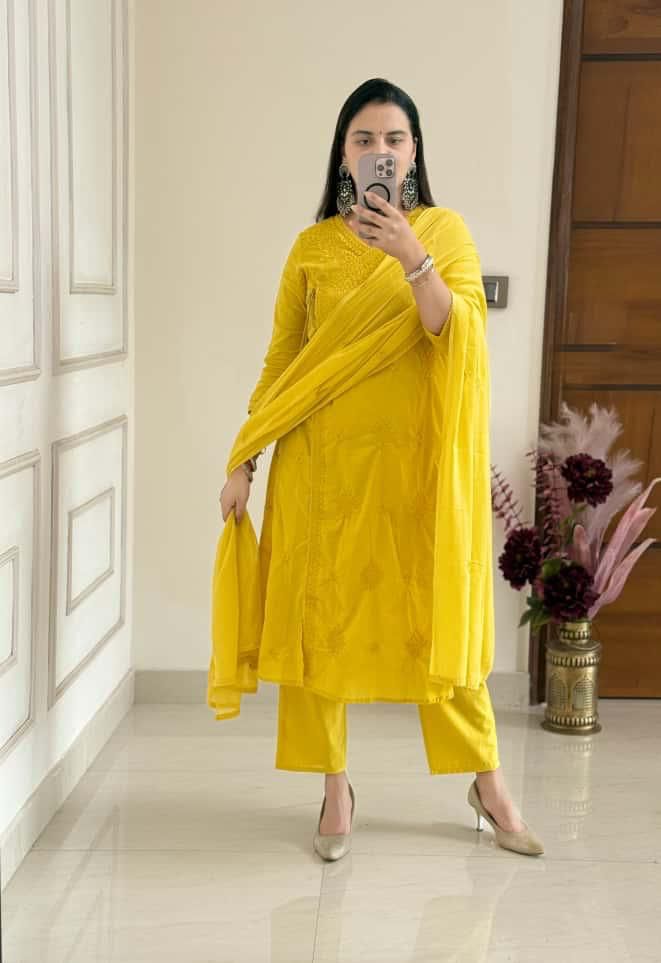 Cotton Chikankari Angrakha Kurti Set with Embroidered Malmal Dupatta