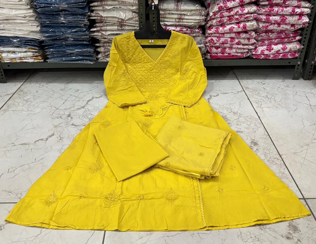 Cotton Chikankari Angrakha Kurti Set with Embroidered Malmal Dupatta