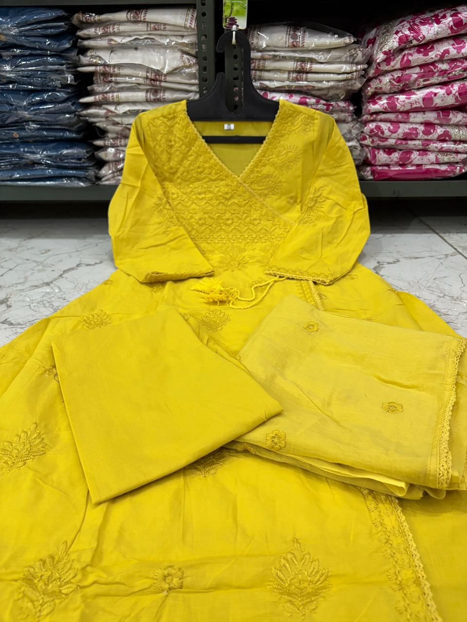 Cotton Chikankari Angrakha Kurti Set with Embroidered Malmal Dupatta
