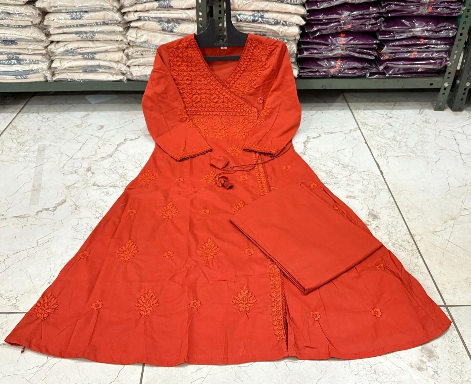 Cotton Chikankari Angrakha Style Kurti Pant Set for Women