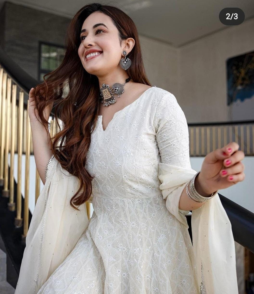Cotton Chikankari Sequin Work Long Kurti with Chanderi Dupatta