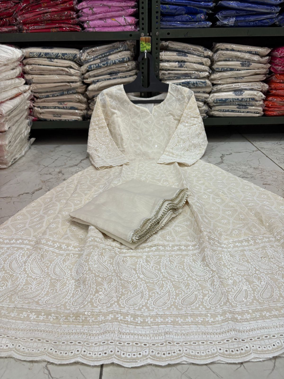 Cotton Chikankari Sequin Work Long Kurti with Chanderi Dupatta