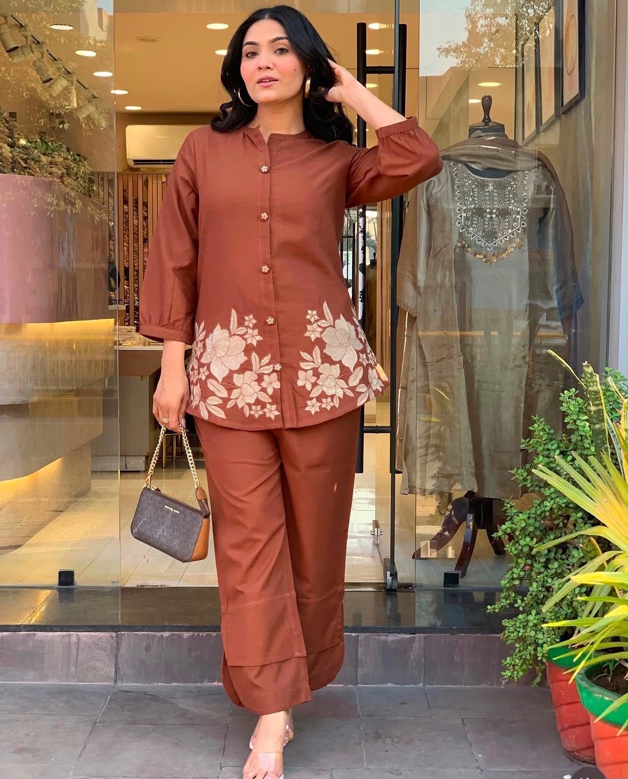 Cotton Co-Ord Set with Floral Embroidery & Button Detailing