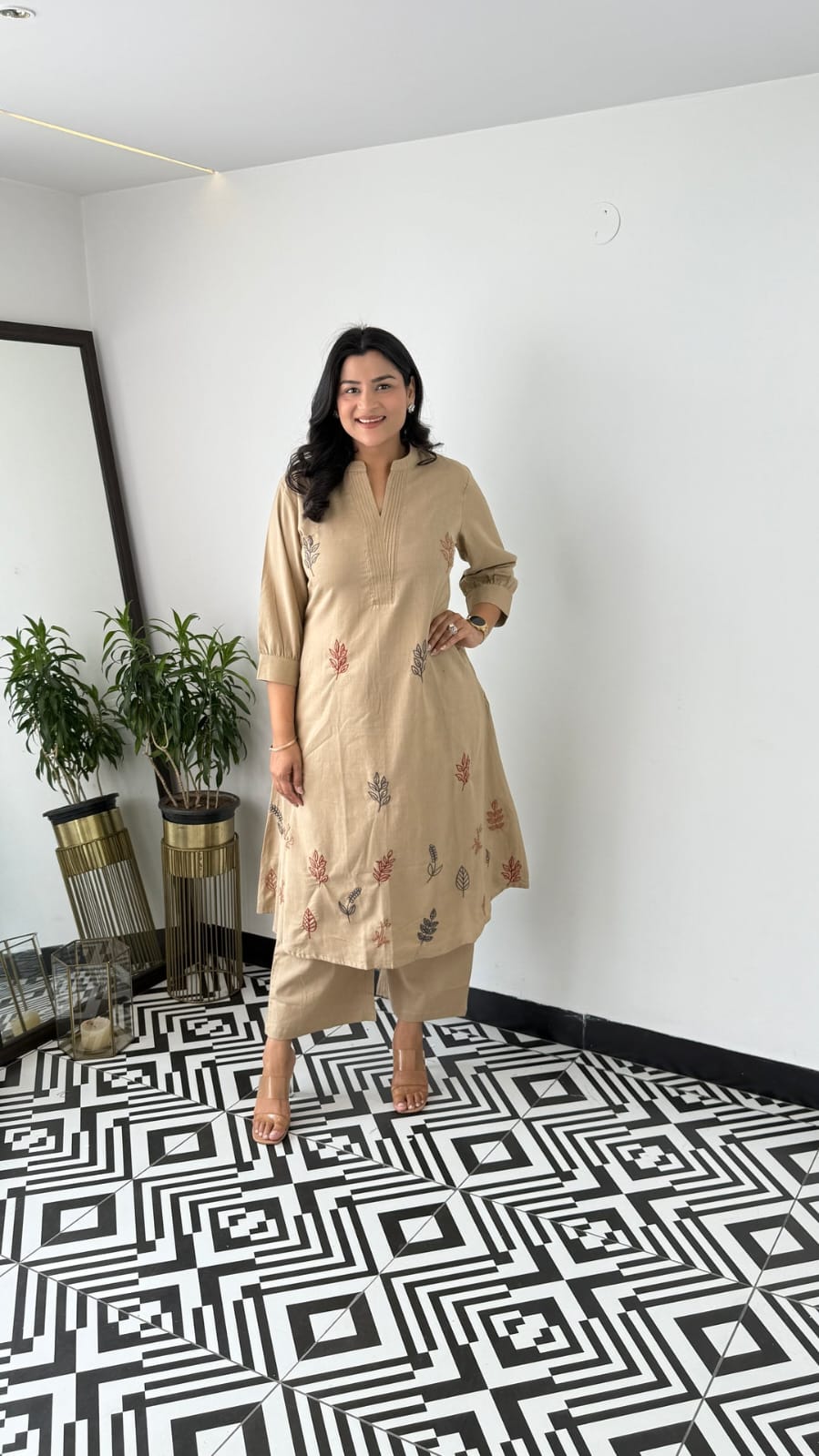 Cotton Collared Embroidered Kurta Pant Cord Set