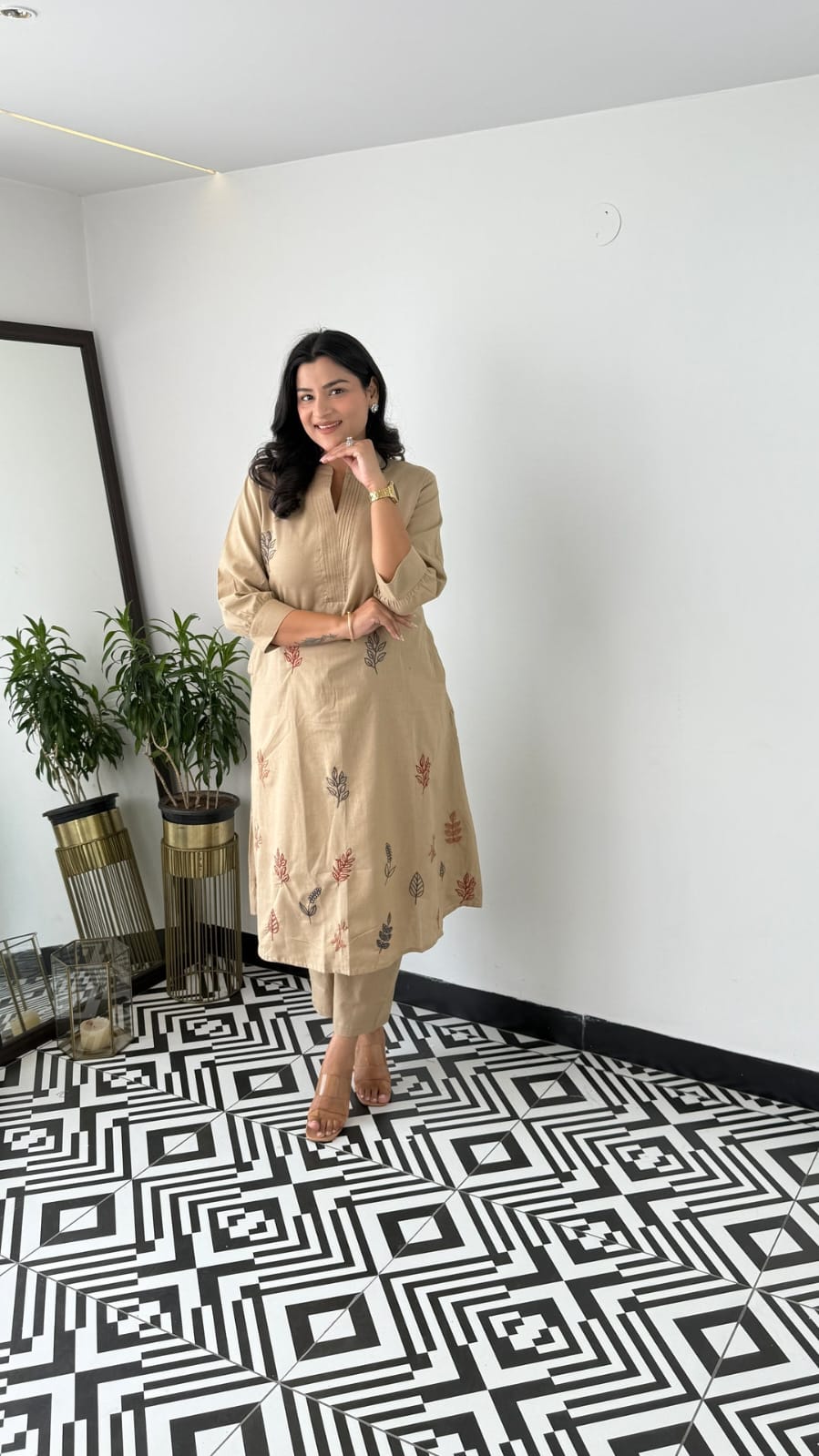 Cotton Collared Embroidered Kurta Pant Cord Set