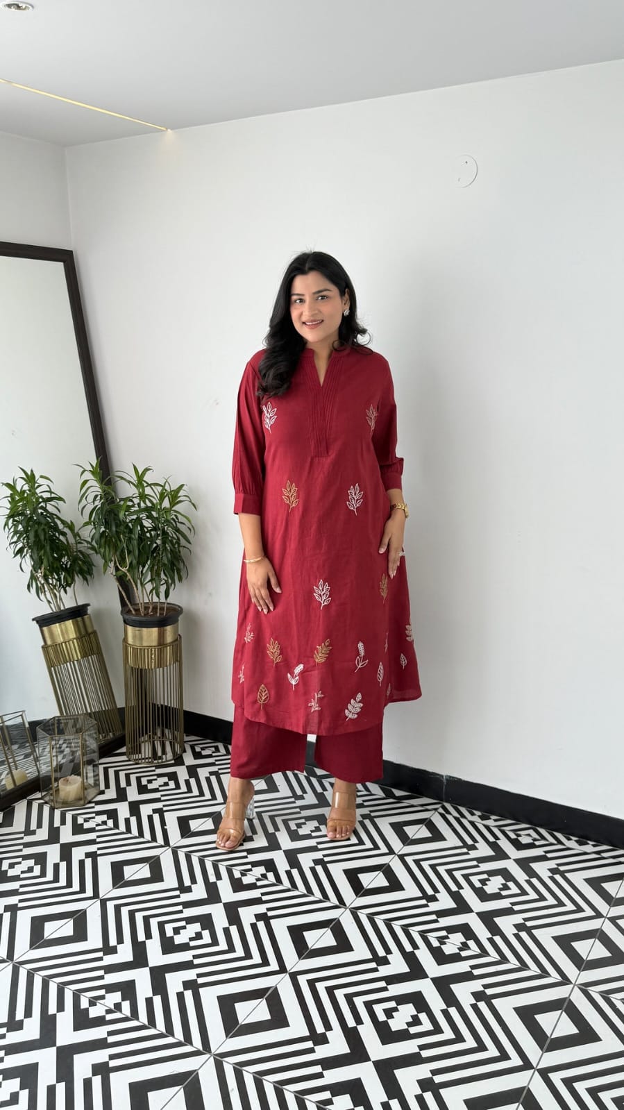 Cotton Collared Embroidered Kurta Pant Cord Set